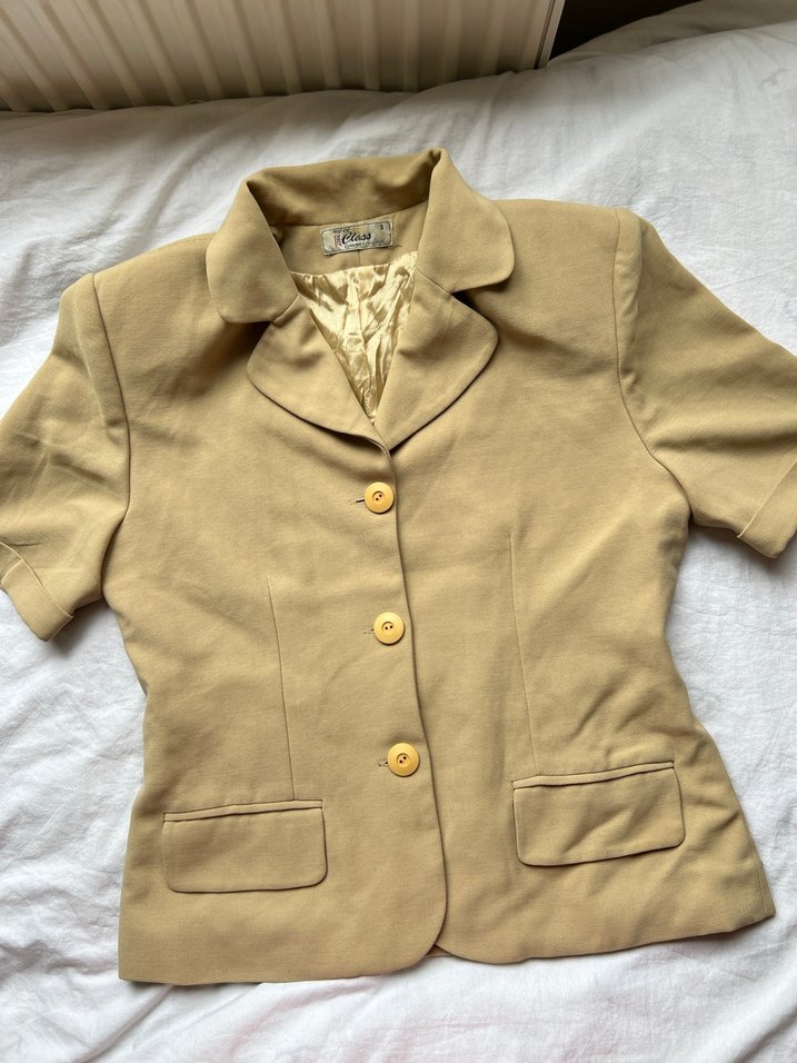 Bej Kısa Kollu Keten Vintage Blazer Ceket - Görsel 4