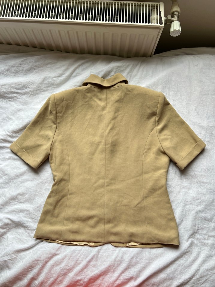 Bej Kısa Kollu Keten Vintage Blazer Ceket - Görsel 5