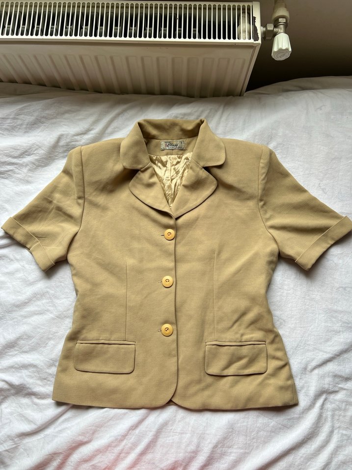 Bej Kısa Kollu Keten Vintage Blazer Ceket - Görsel 2