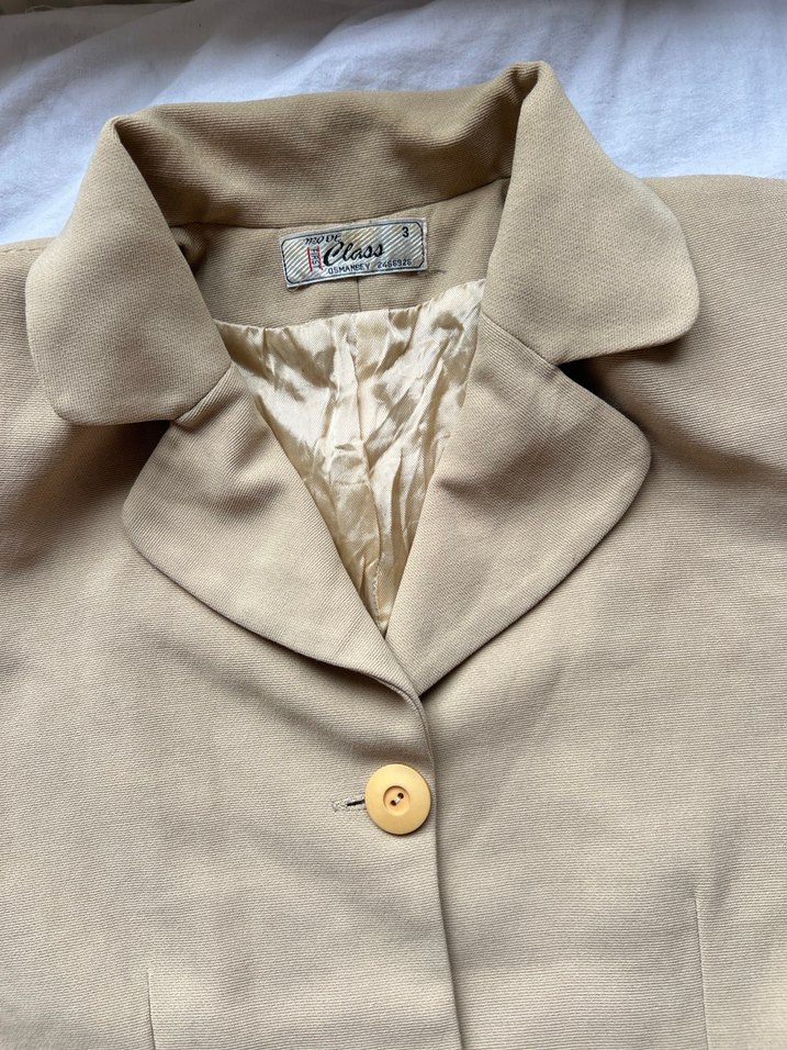 Bej Kısa Kollu Keten Vintage Blazer Ceket - Görsel 3