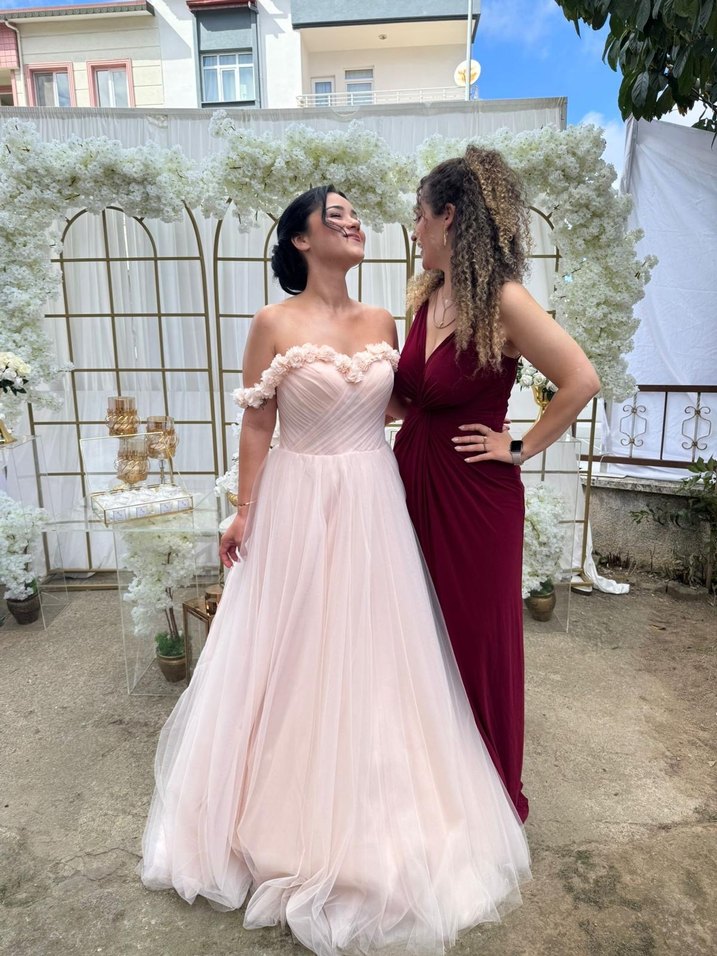 ÖZEL DİKİM -Pudra Pembe Straplez Bohem A Kesim NİŞANLIK - Görsel 5