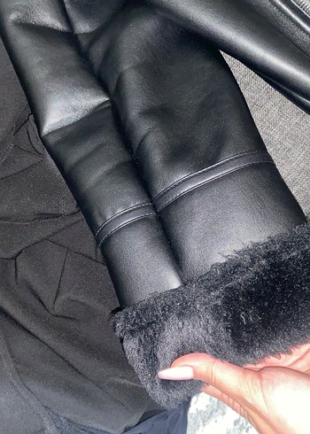 Kürklü Siyah Deri Kadın Ceket - Görsel 5