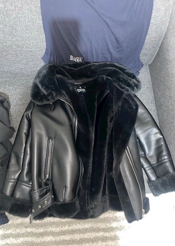 Kürklü Siyah Deri Kadın Ceket - Görsel 3