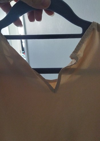 Bej Kadın Bluz, Kısa Kollu, Fırfırlı - Görsel 3