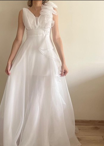 Beyaz V Yaka A Kesim Uzun beyaz elbise - Görsel 2