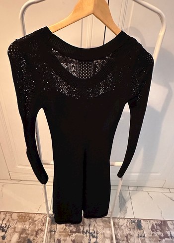 Siyah Fitilli Uzun Kollu Örme Midi Elbise - Görsel 3