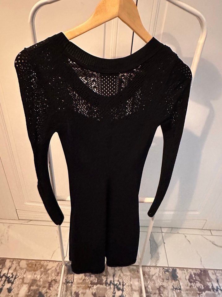 Siyah Fitilli Uzun Kollu Örme Midi Elbise - Görsel 3