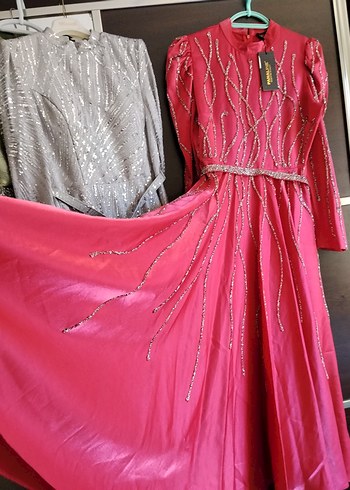 Bordo Uzun Kollu İşlemeli Abiye Elbise - Görsel 3