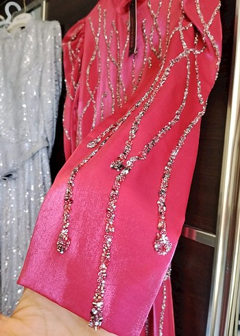 Bordo Uzun Kollu İşlemeli Abiye Elbise - Görsel 4