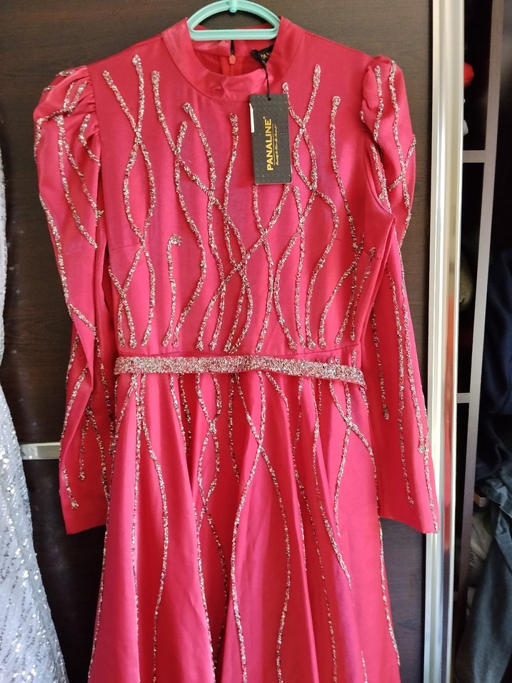 Bordo Uzun Kollu İşlemeli Abiye Elbise - Görsel 2