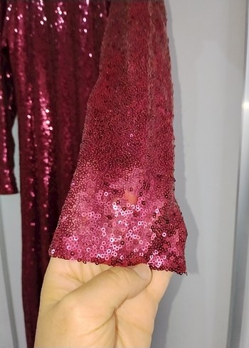Bordo pul payet Uzun Kollu Kadın Elbise - Görsel 6