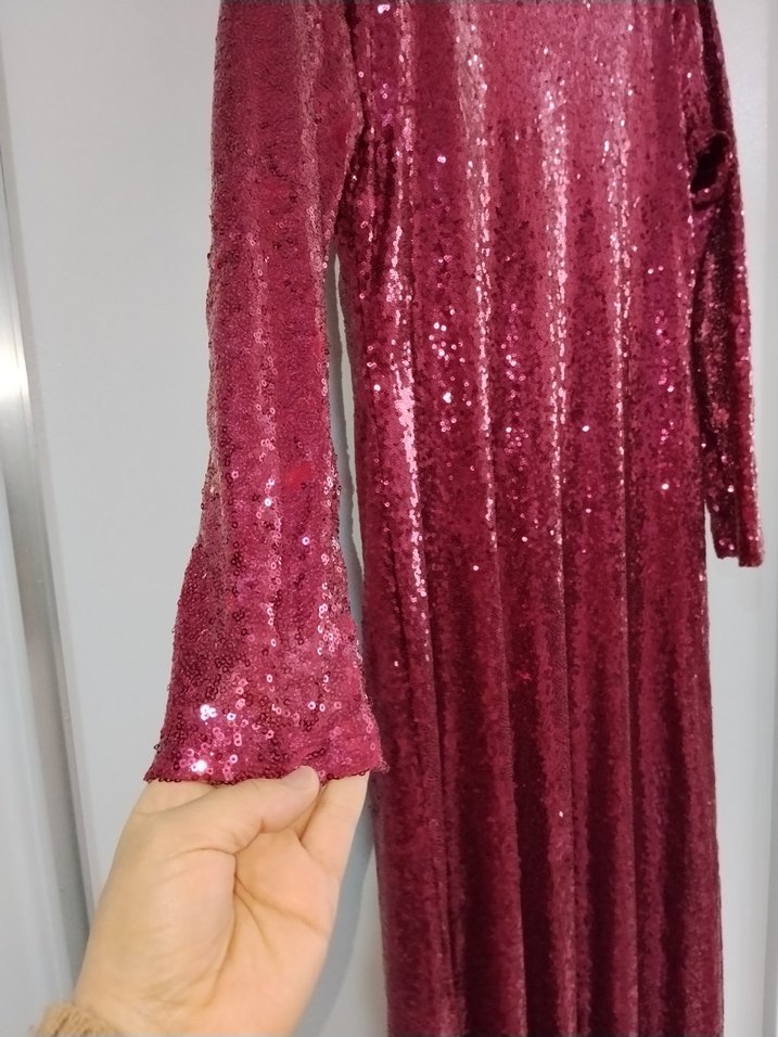 Bordo pul payet Uzun Kollu Kadın Elbise - Görsel 2