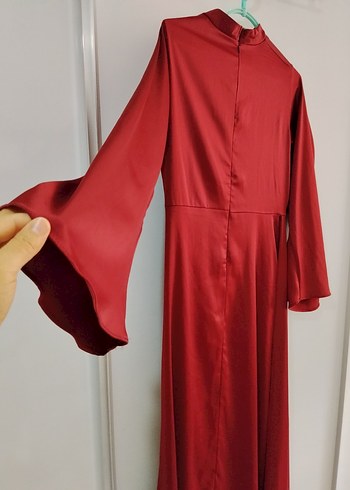 Bordo Uzun Drapeli Yüksek Yakalı Kadın Abiye Elbise - Görsel 8