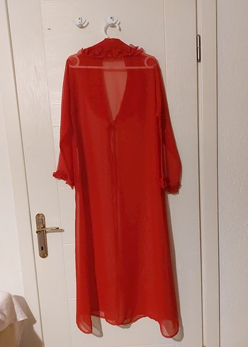 Kadın Kırmızı Uzun Şifon Sabahlık - Görsel 2