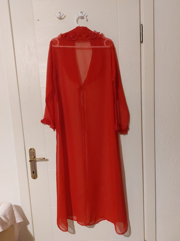 Kadın Kırmızı Uzun Şifon Sabahlık - Görsel 2
