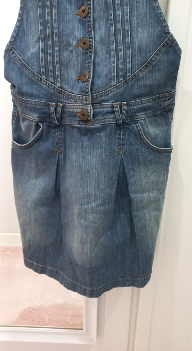 Kadın Mavi Denim Kemerli Midi Salopet - Görsel 3