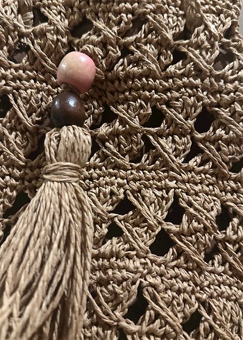 El yapımı Bej Nakışlı Püsküllü Örgü Kadın Çanta - Görsel 3