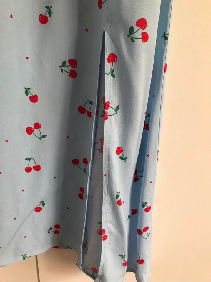 Mavi Kiraz Desenli Midi Elbise - Görsel 3