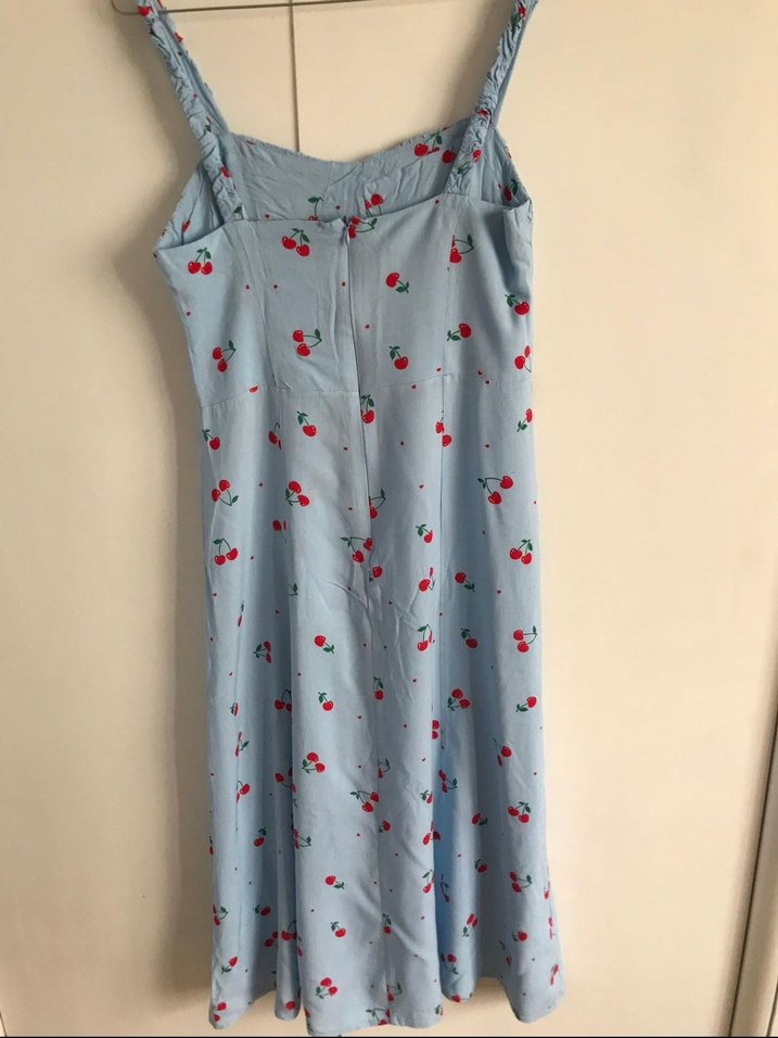 Mavi Kiraz Desenli Midi Elbise - Görsel 2