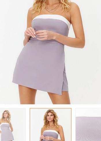 Gri Straplez Renk Bloklu Mini Dokuma Şort Tulum - Görsel 3