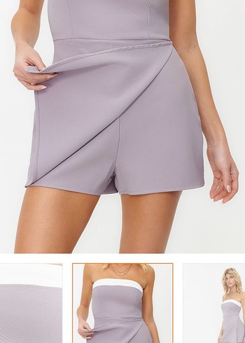 Gri Straplez Renk Bloklu Mini Dokuma Şort Tulum - Görsel 5