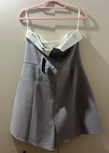 Gri Straplez Renk Bloklu Mini Dokuma Şort Tulum - Görsel 12