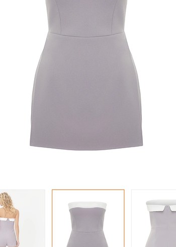 Gri Straplez Renk Bloklu Mini Dokuma Şort Tulum - Görsel 8