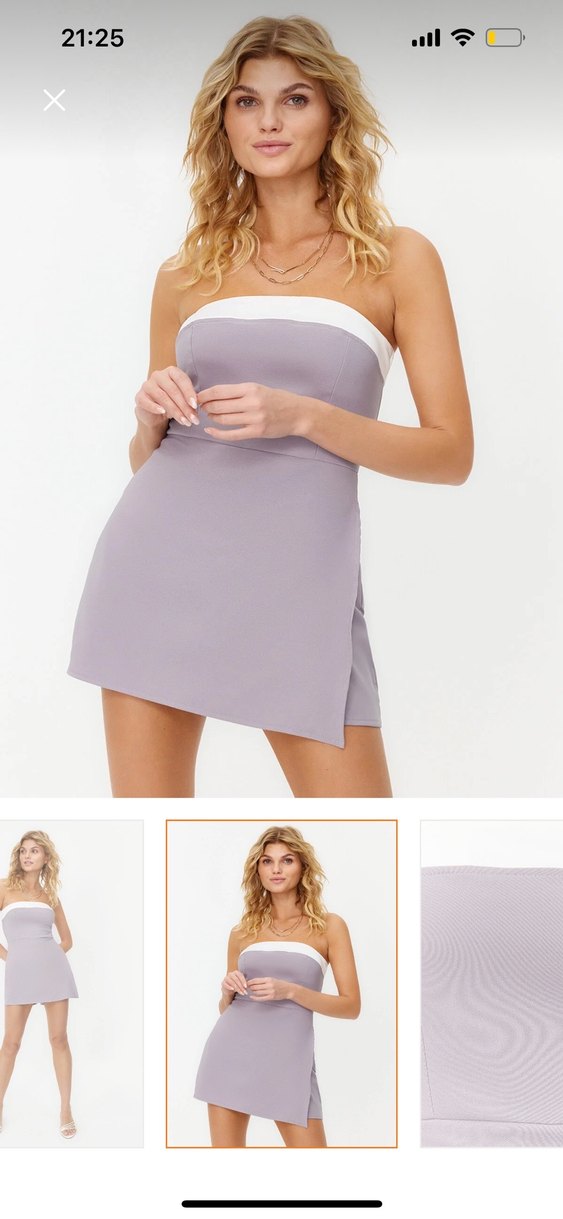 Gri Straplez Renk Bloklu Mini Dokuma Şort Tulum - Görsel 3