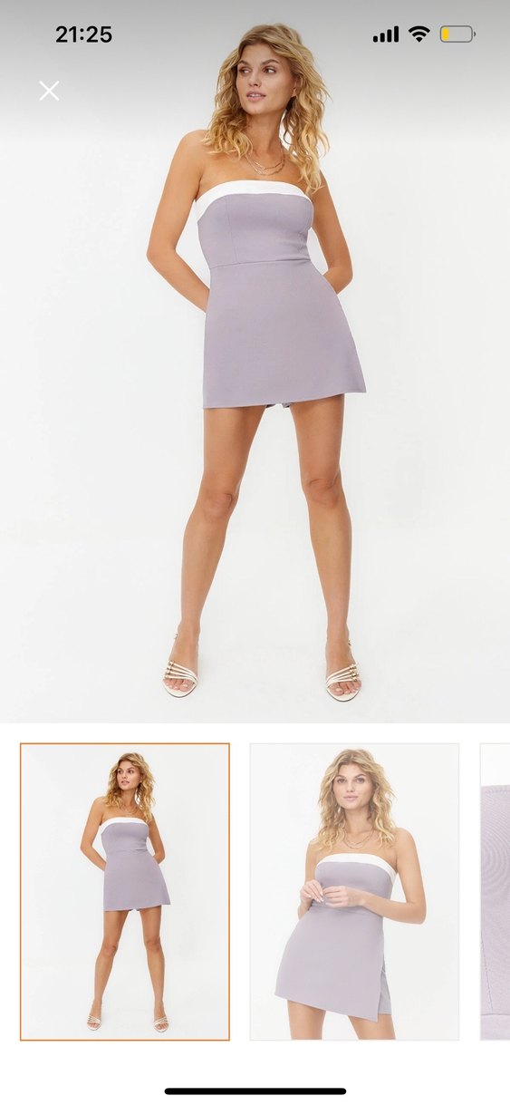 Gri Straplez Renk Bloklu Mini Dokuma Şort Tulum - Görsel 2