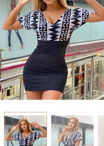 V Yaka Mini Etnik Desenli Siyah Elbise - Görsel 2