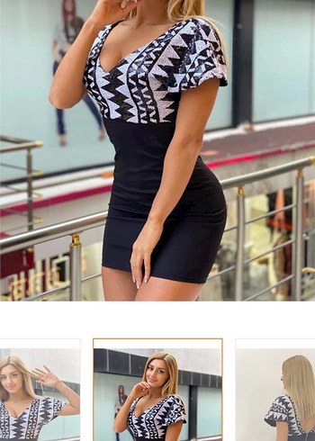 V Yaka Mini Etnik Desenli Siyah Elbise - Görsel 3