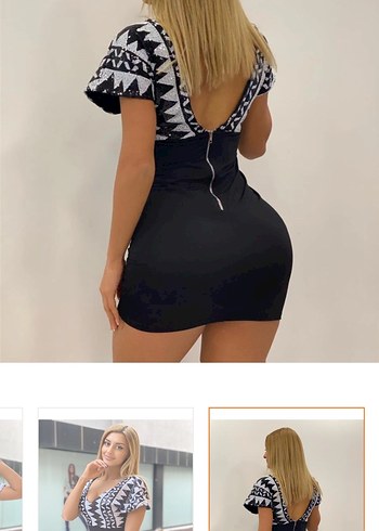 V Yaka Mini Etnik Desenli Siyah Elbise - Görsel 4