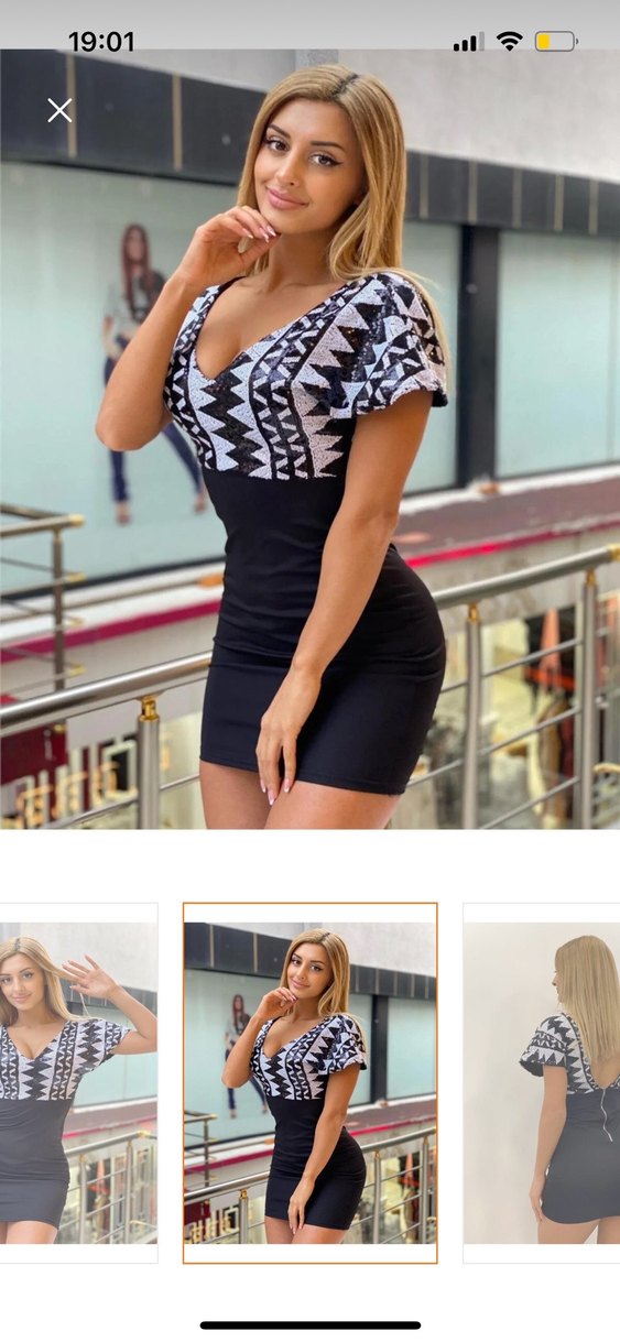 V Yaka Mini Etnik Desenli Siyah Elbise - Görsel 3