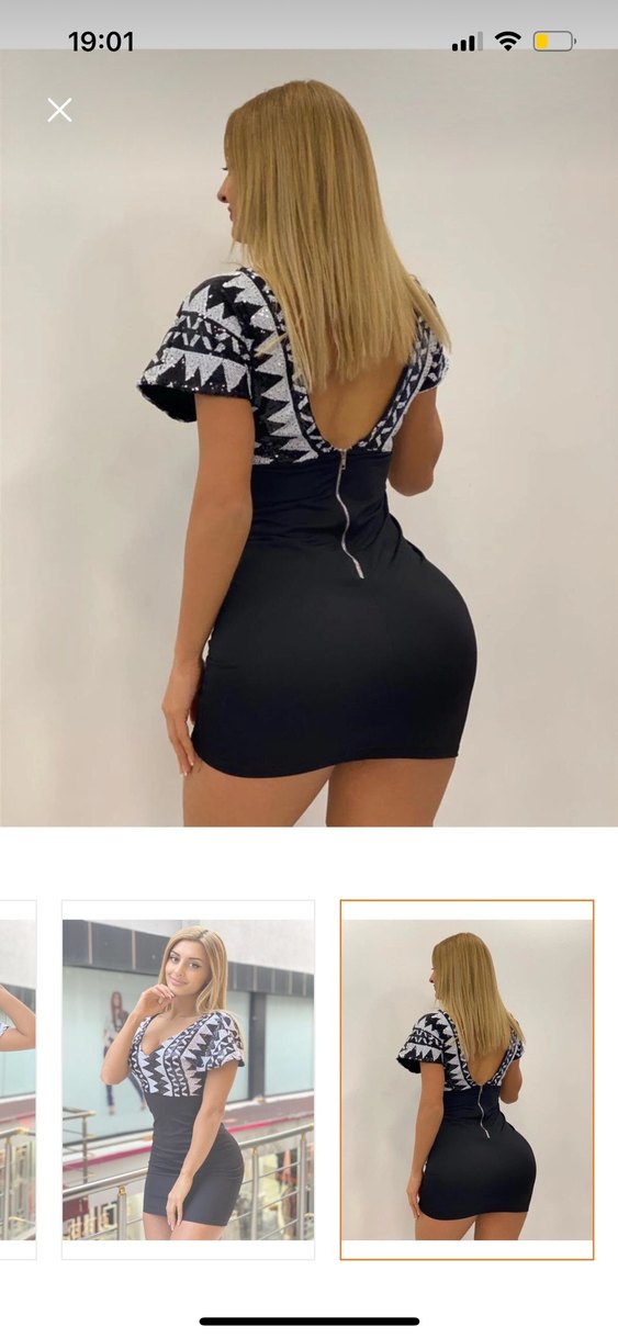 V Yaka Mini Etnik Desenli Siyah Elbise - Görsel 4