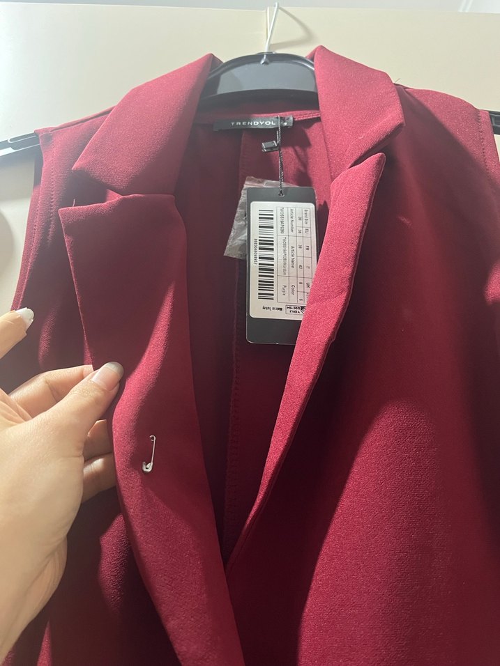 Bordo Mini Dokuma Kolsuz Ceket Elbise - Görsel 3