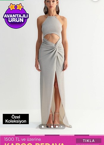 Gri Drapeli Uzun Zincir Detaylı Abiye Elbise - Görsel 2