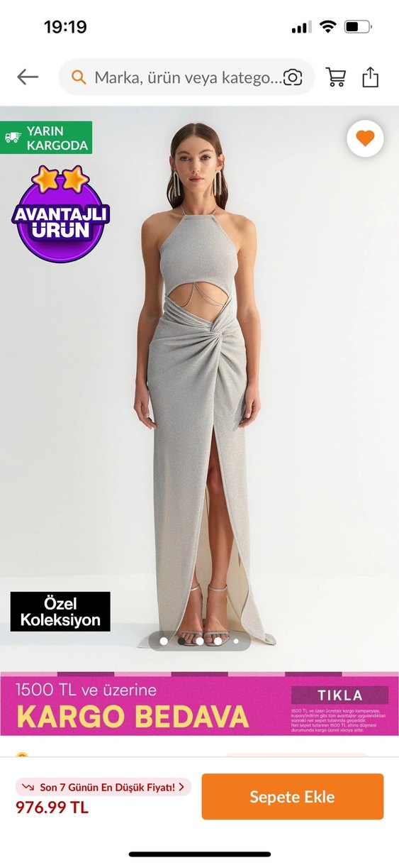 Gri Drapeli Uzun Zincir Detaylı Abiye Elbise - Görsel 2