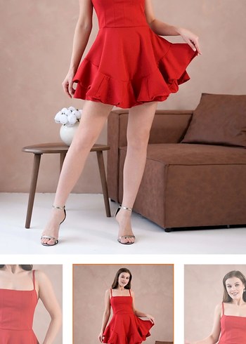 Ayarlanabilir İnce Askılı Kadın Kırmızı Mini Elbise - Görsel 3