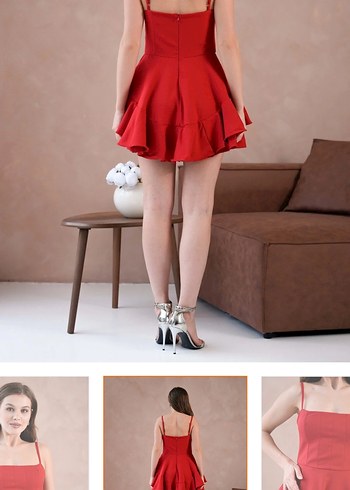 Ayarlanabilir İnce Askılı Kadın Kırmızı Mini Elbise - Görsel 2