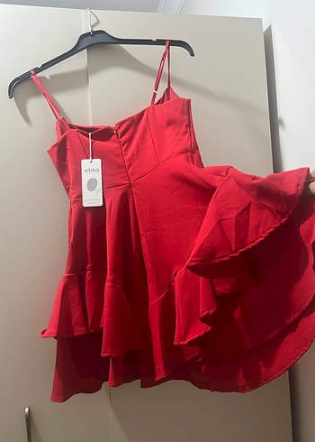 Ayarlanabilir İnce Askılı Kadın Kırmızı Mini Elbise - Görsel 7