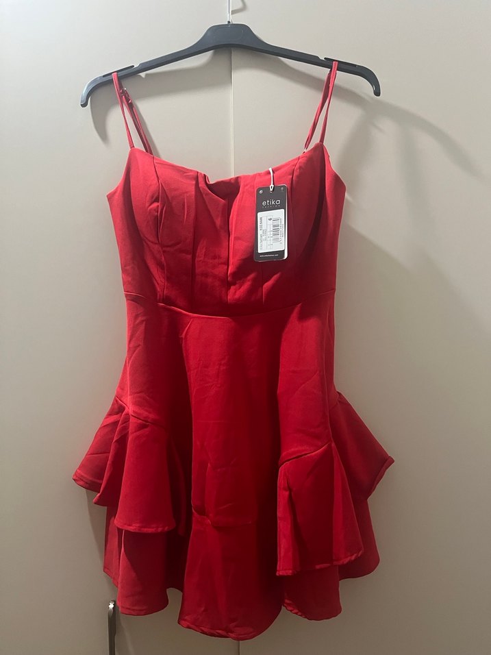 Ayarlanabilir İnce Askılı Kadın Kırmızı Mini Elbise - Görsel 5