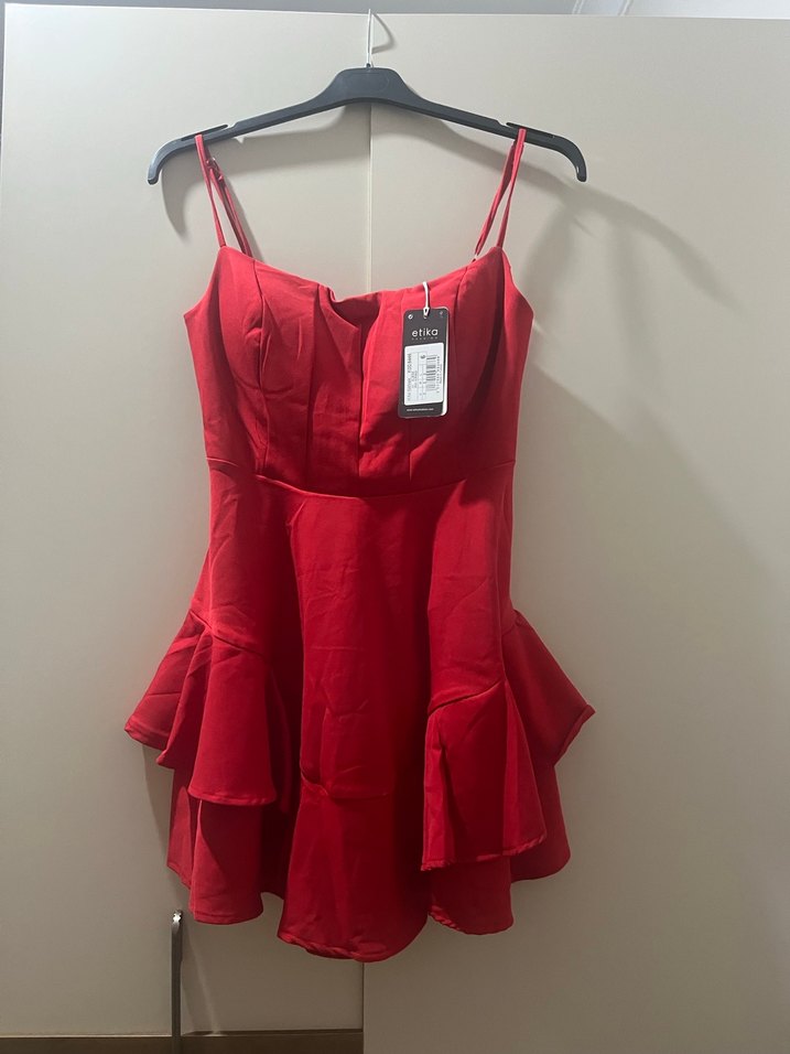 Ayarlanabilir İnce Askılı Kadın Kırmızı Mini Elbise - Görsel 4