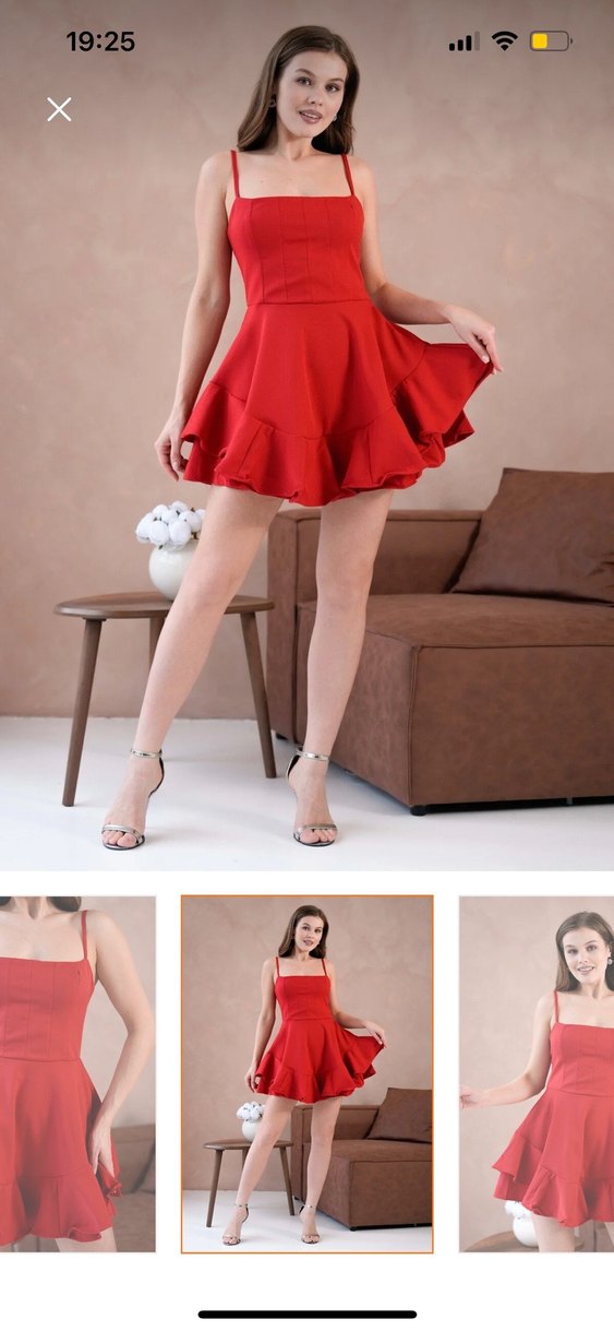 Ayarlanabilir İnce Askılı Kadın Kırmızı Mini Elbise - Görsel 3