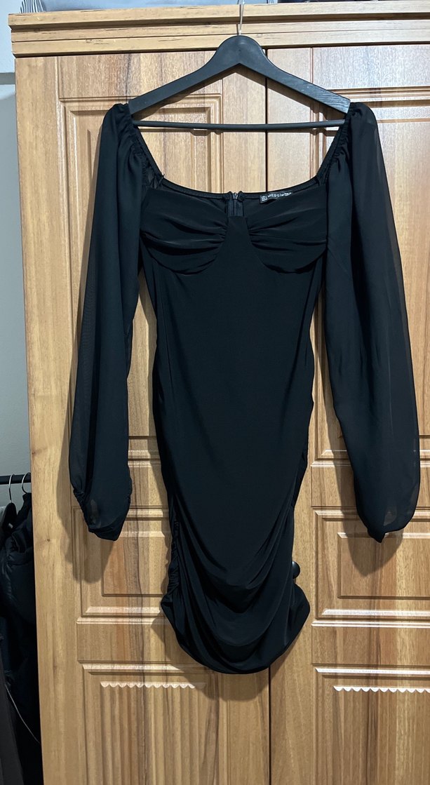 Siyah Uzun Kollu Drapeli V Yaka Elbise - Görsel 2