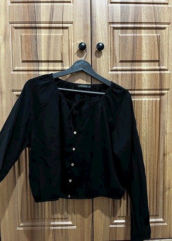 Siyah V Yaka Düğmeli Kadın Bluz - Görsel 2