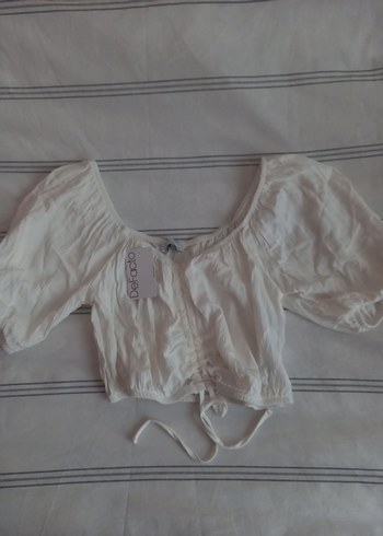 Beyaz Keten Bohem Kısa Kollu Bluz - Görsel 3