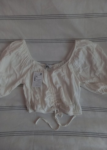 Beyaz Keten Bohem Kısa Kollu Bluz - Görsel 2