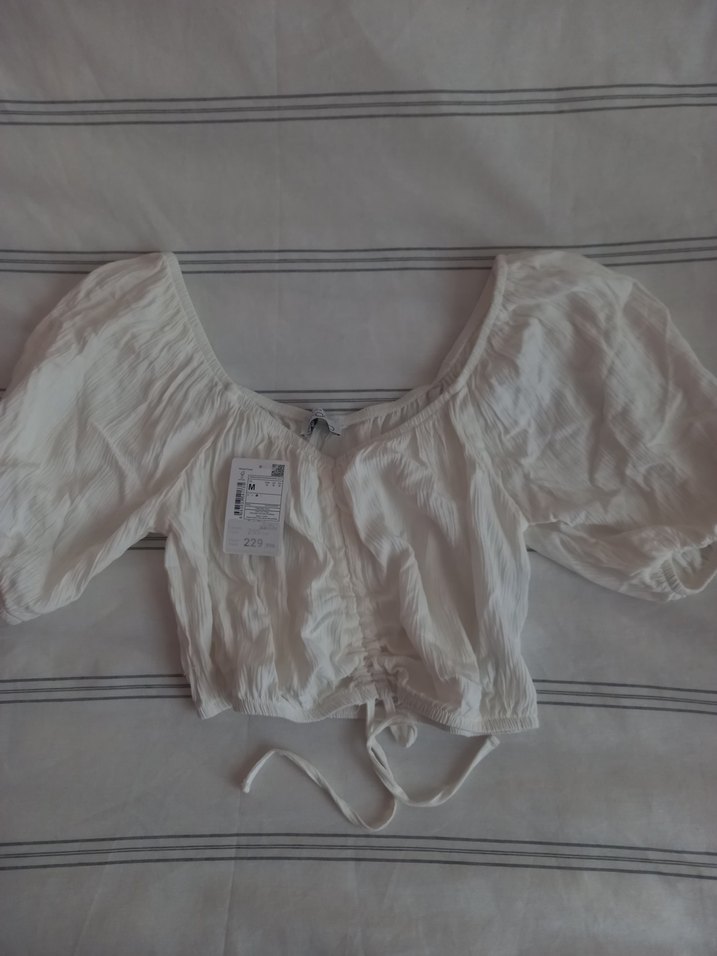 Beyaz Keten Bohem Kısa Kollu Bluz - Görsel 2