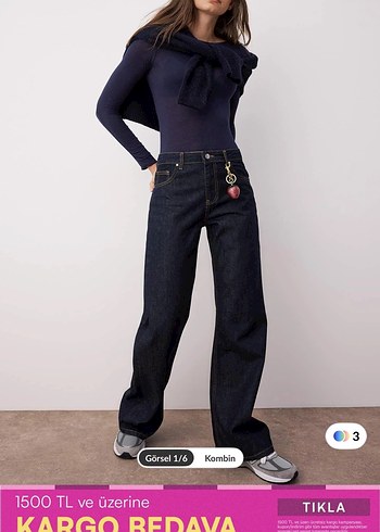 Kadın lacivert Bol Kesim Midi Kot Pantolon - Görsel 3