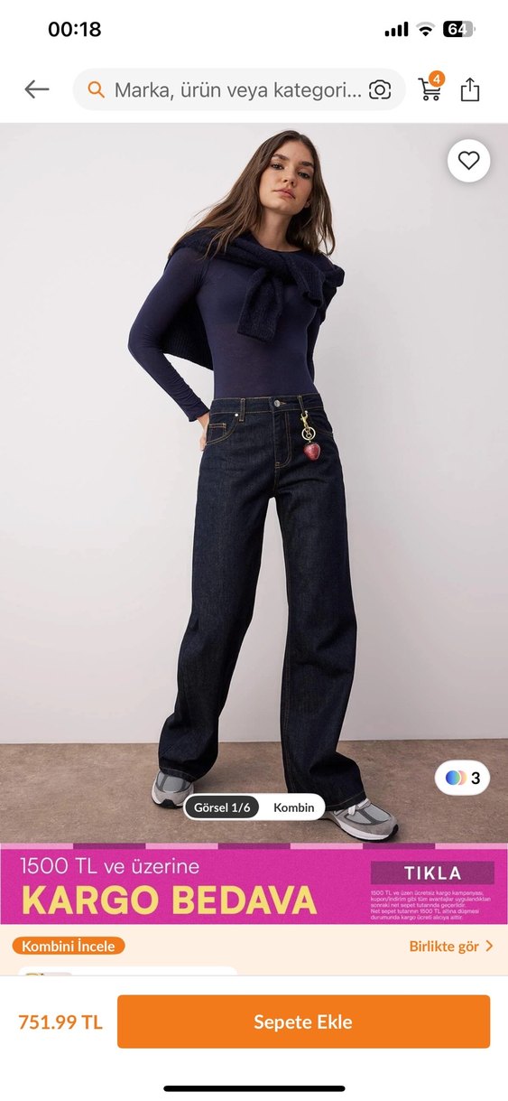 Kadın lacivert Bol Kesim Midi Kot Pantolon - Görsel 3